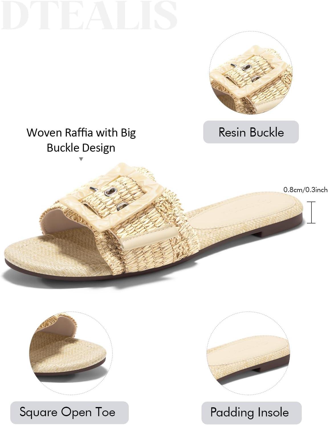 image:imageCoutgo Womens Flat Sandals Raffia Slip On Slide Sandal Square Open Toe Buckle Summer Beach Shoes FlatsBeige