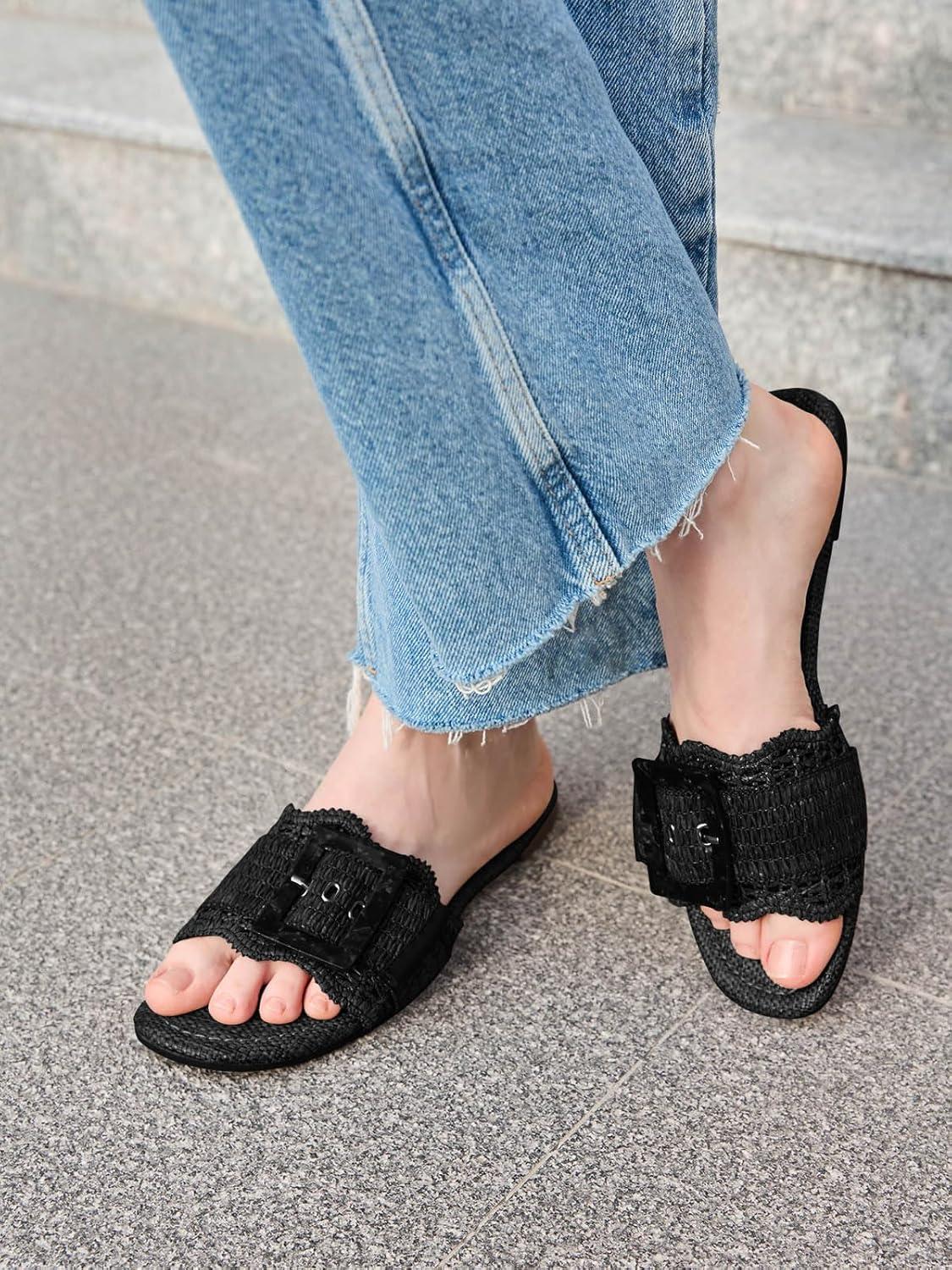 image:imageCoutgo Womens Flat Sandals Raffia Slip On Slide Sandal Square Open Toe Buckle Summer Beach Shoes FlatsBlack