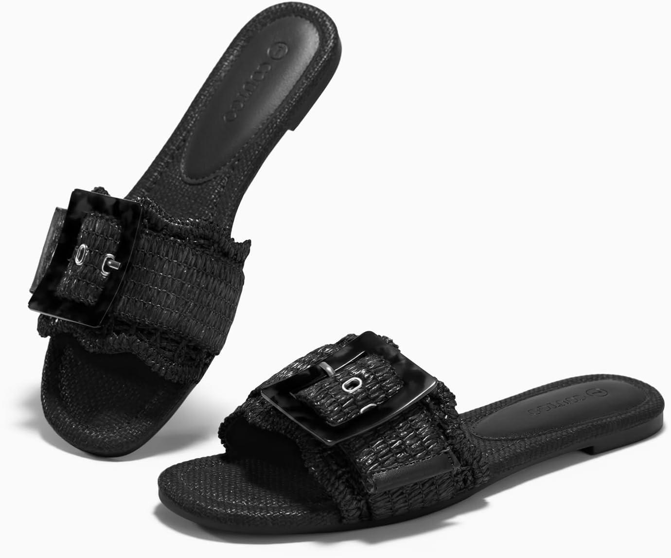 image:imageCoutgo Womens Flat Sandals Raffia Slip On Slide Sandal Square Open Toe Buckle Summer Beach Shoes FlatsBlack