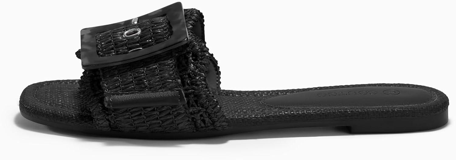 image:imageCoutgo Womens Flat Sandals Raffia Slip On Slide Sandal Square Open Toe Buckle Summer Beach Shoes FlatsBlack