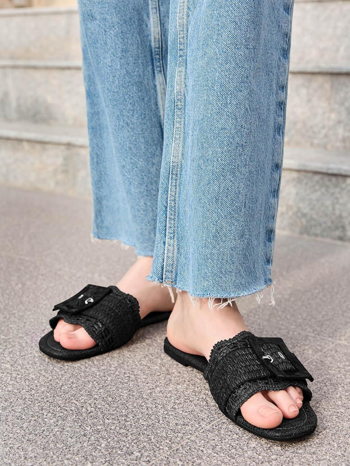 image:imageCoutgo Womens Flat Sandals Raffia Slip On Slide Sandal Square Open Toe Buckle Summer Beach Shoes FlatsBlack