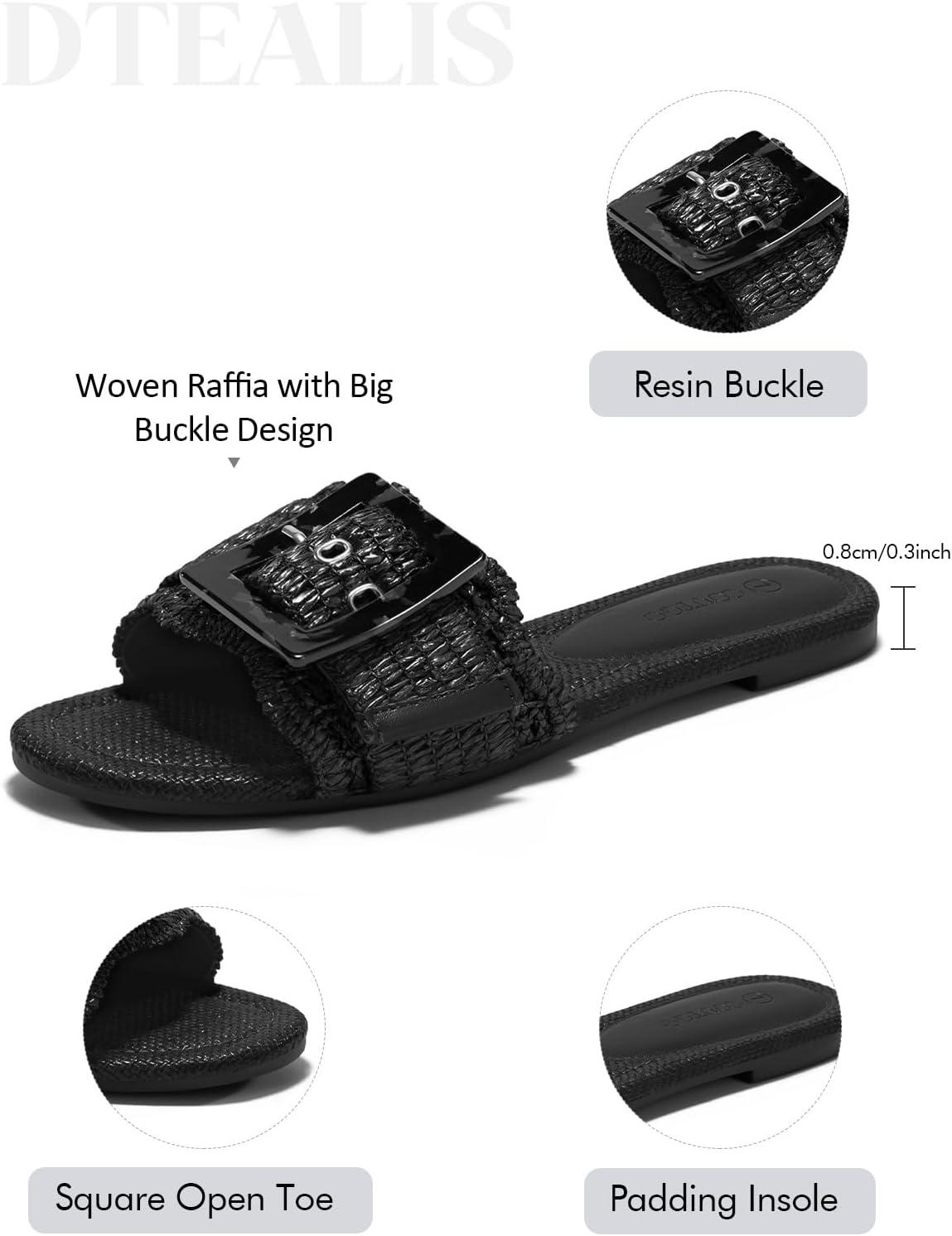 image:imageCoutgo Womens Flat Sandals Raffia Slip On Slide Sandal Square Open Toe Buckle Summer Beach Shoes FlatsBlack