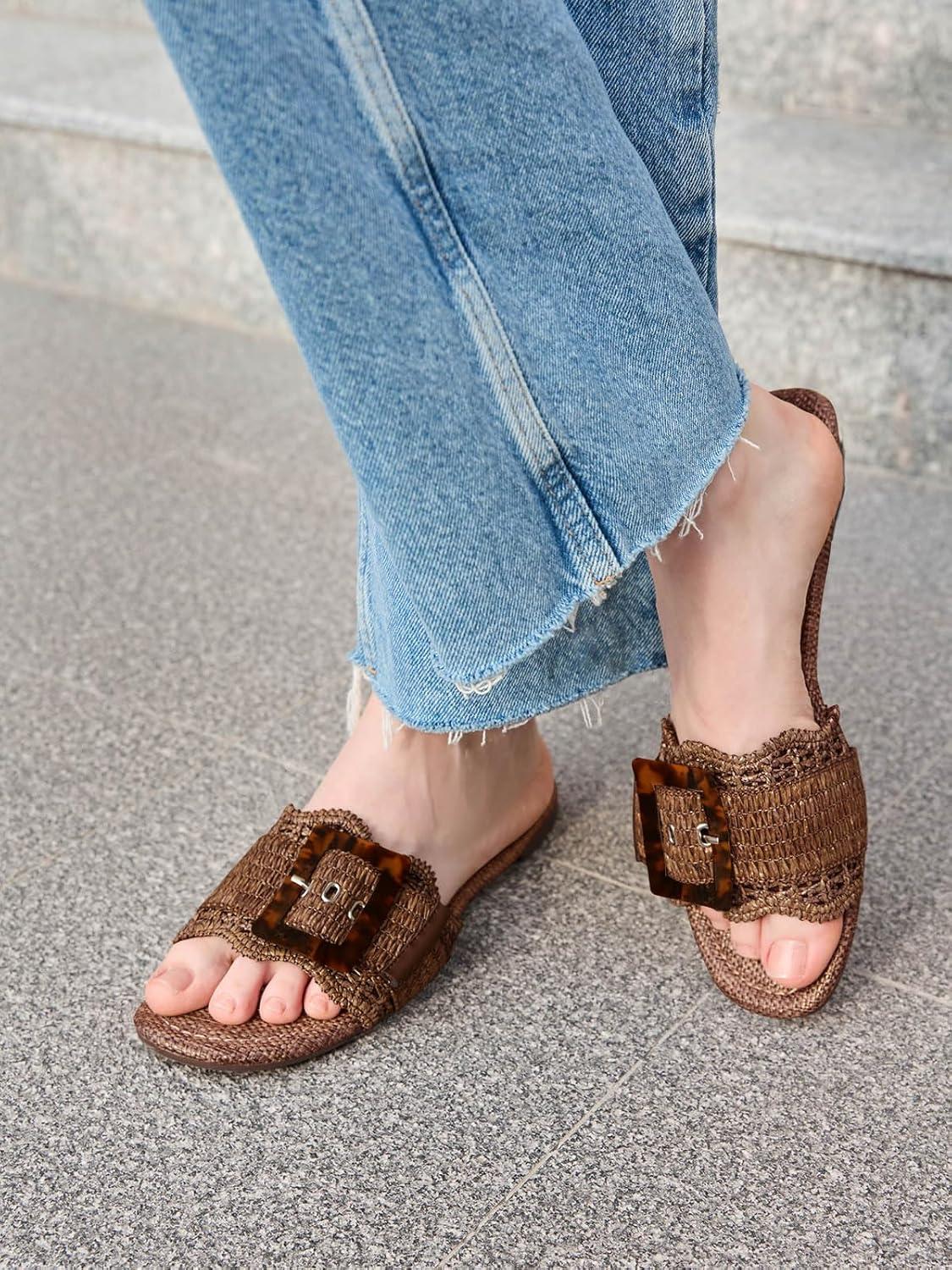 image:imageCoutgo Womens Flat Sandals Raffia Slip On Slide Sandal Square Open Toe Buckle Summer Beach Shoes FlatsBrown