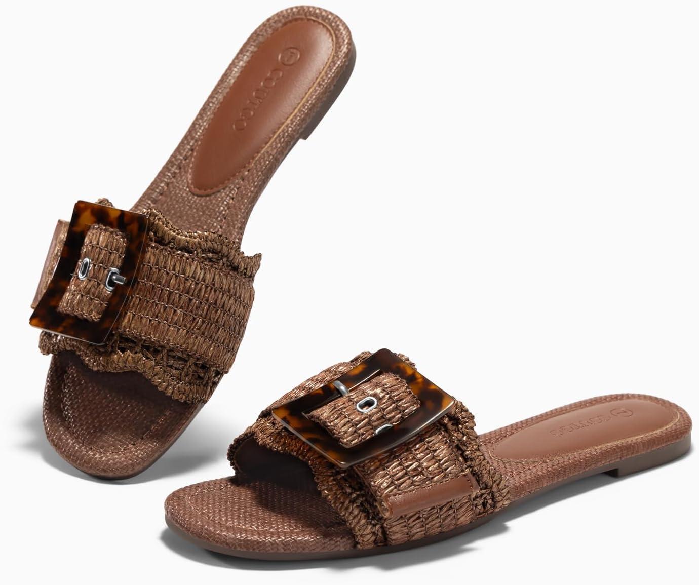image:imageCoutgo Womens Flat Sandals Raffia Slip On Slide Sandal Square Open Toe Buckle Summer Beach Shoes FlatsBrown