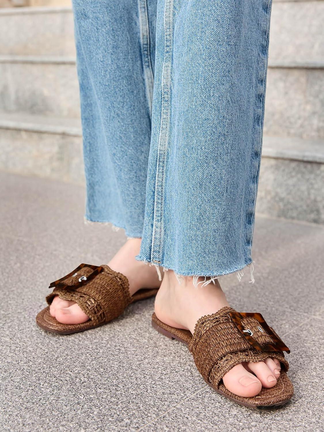 image:imageCoutgo Womens Flat Sandals Raffia Slip On Slide Sandal Square Open Toe Buckle Summer Beach Shoes FlatsBrown