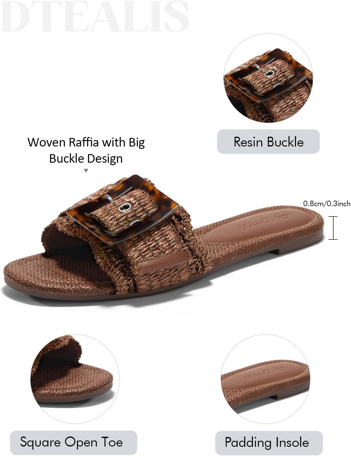 image:imageCoutgo Womens Flat Sandals Raffia Slip On Slide Sandal Square Open Toe Buckle Summer Beach Shoes FlatsBrown