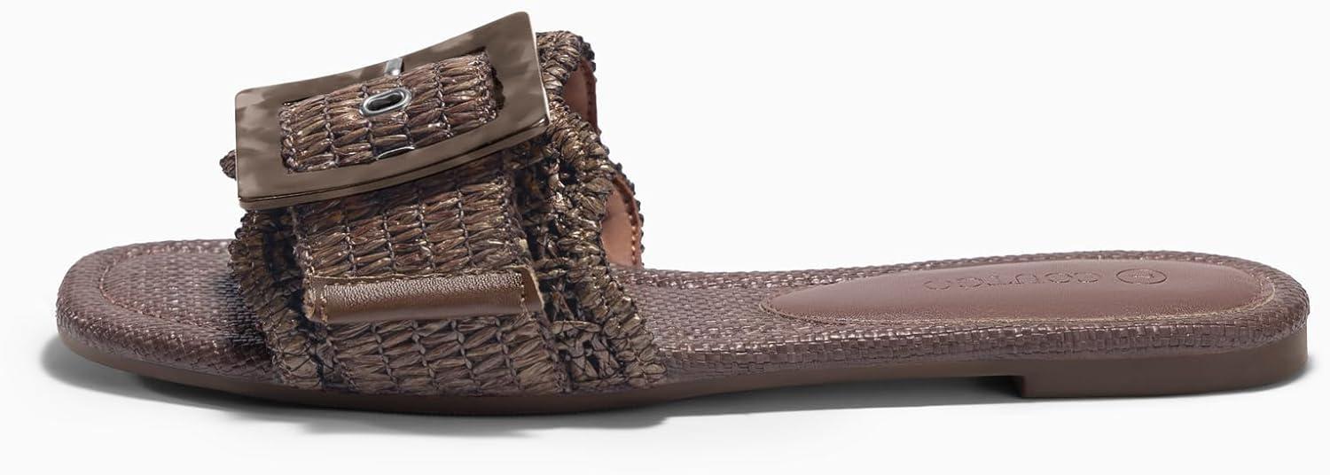 image:imageCoutgo Womens Flat Sandals Raffia Slip On Slide Sandal Square Open Toe Buckle Summer Beach Shoes FlatsCoffee