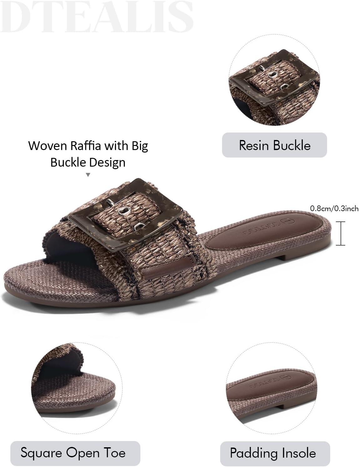 image:imageCoutgo Womens Flat Sandals Raffia Slip On Slide Sandal Square Open Toe Buckle Summer Beach Shoes FlatsCoffee