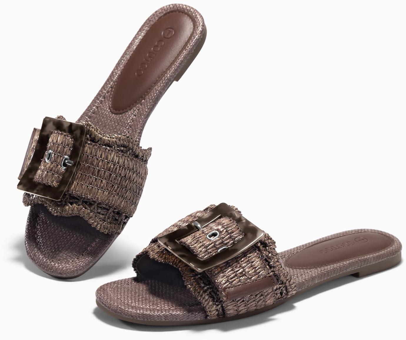 image:imageCoutgo Womens Flat Sandals Raffia Slip On Slide Sandal Square Open Toe Buckle Summer Beach Shoes FlatsCoffee