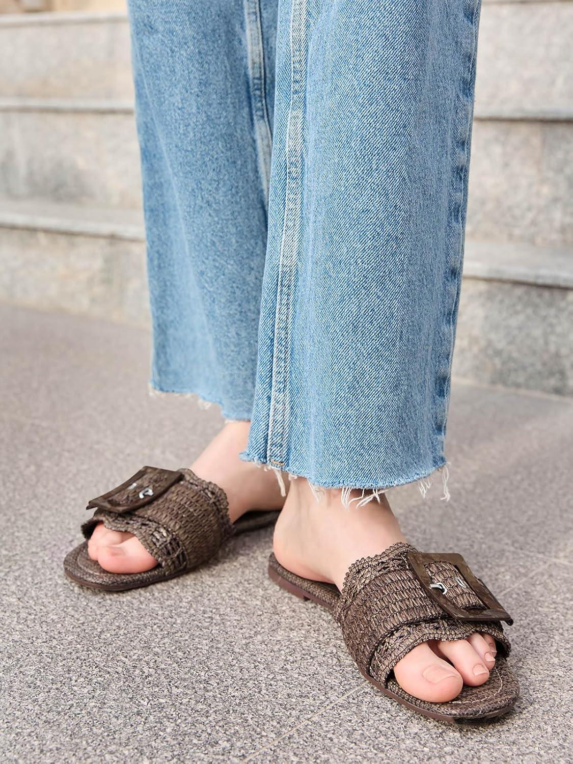 image:imageCoutgo Womens Flat Sandals Raffia Slip On Slide Sandal Square Open Toe Buckle Summer Beach Shoes FlatsCoffee