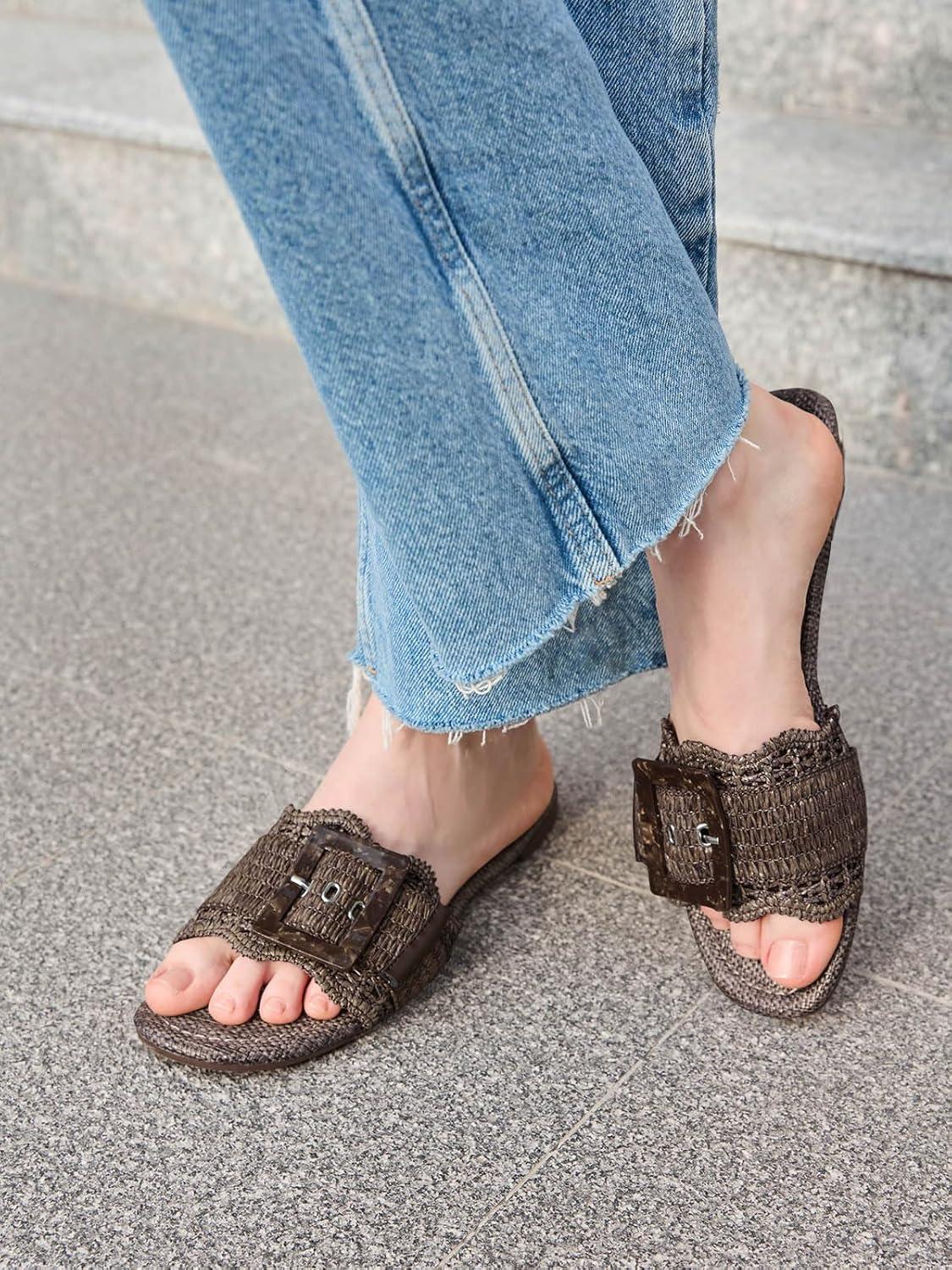 image:imageCoutgo Womens Flat Sandals Raffia Slip On Slide Sandal Square Open Toe Buckle Summer Beach Shoes FlatsCoffee