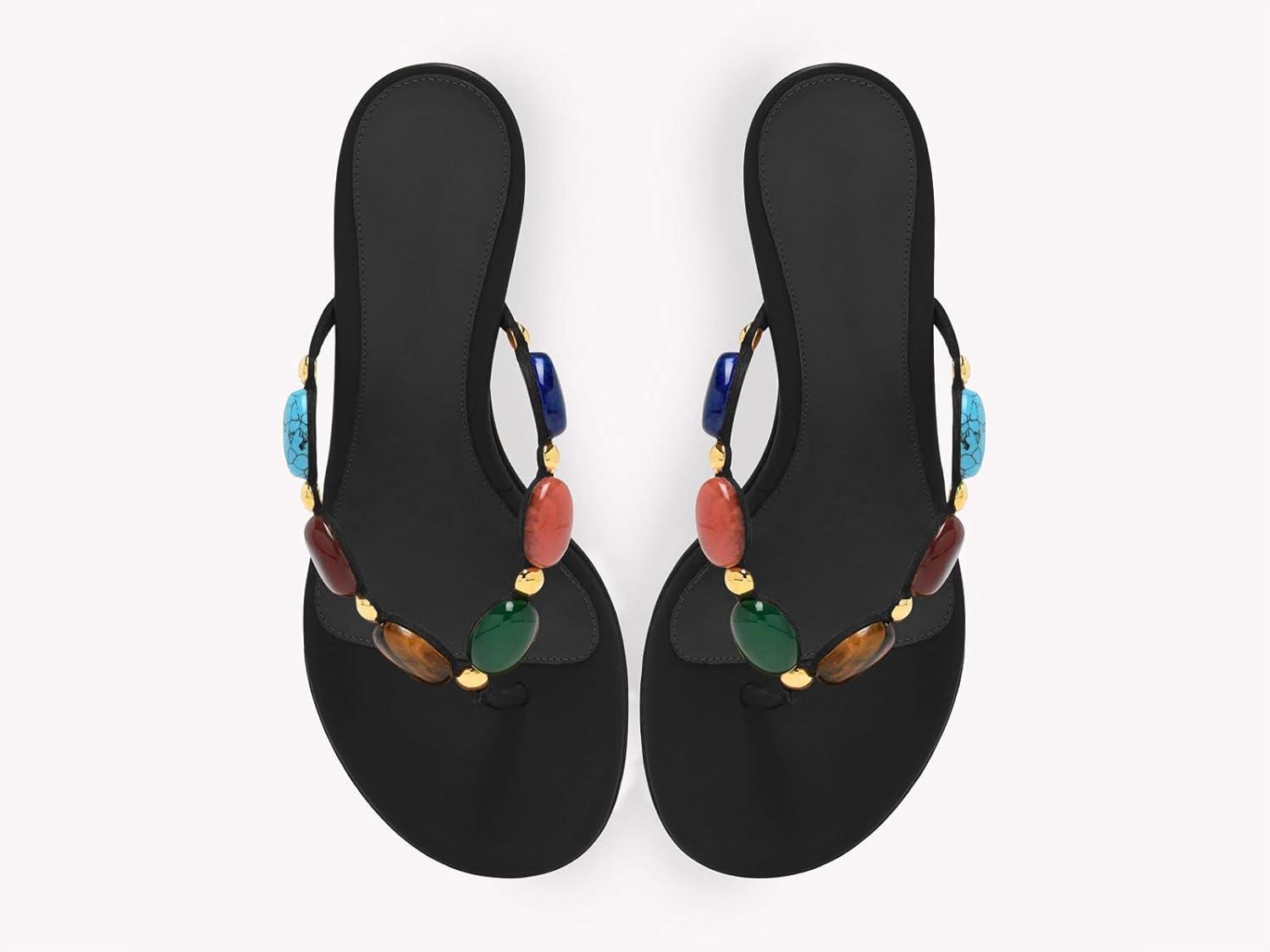 image:imageCoutgo Womens Kitten Heels Jeweled Thong Sandals Boho Open Toe Flip Flop Slip On Slides Summer Vacation Beach ShoesBlack