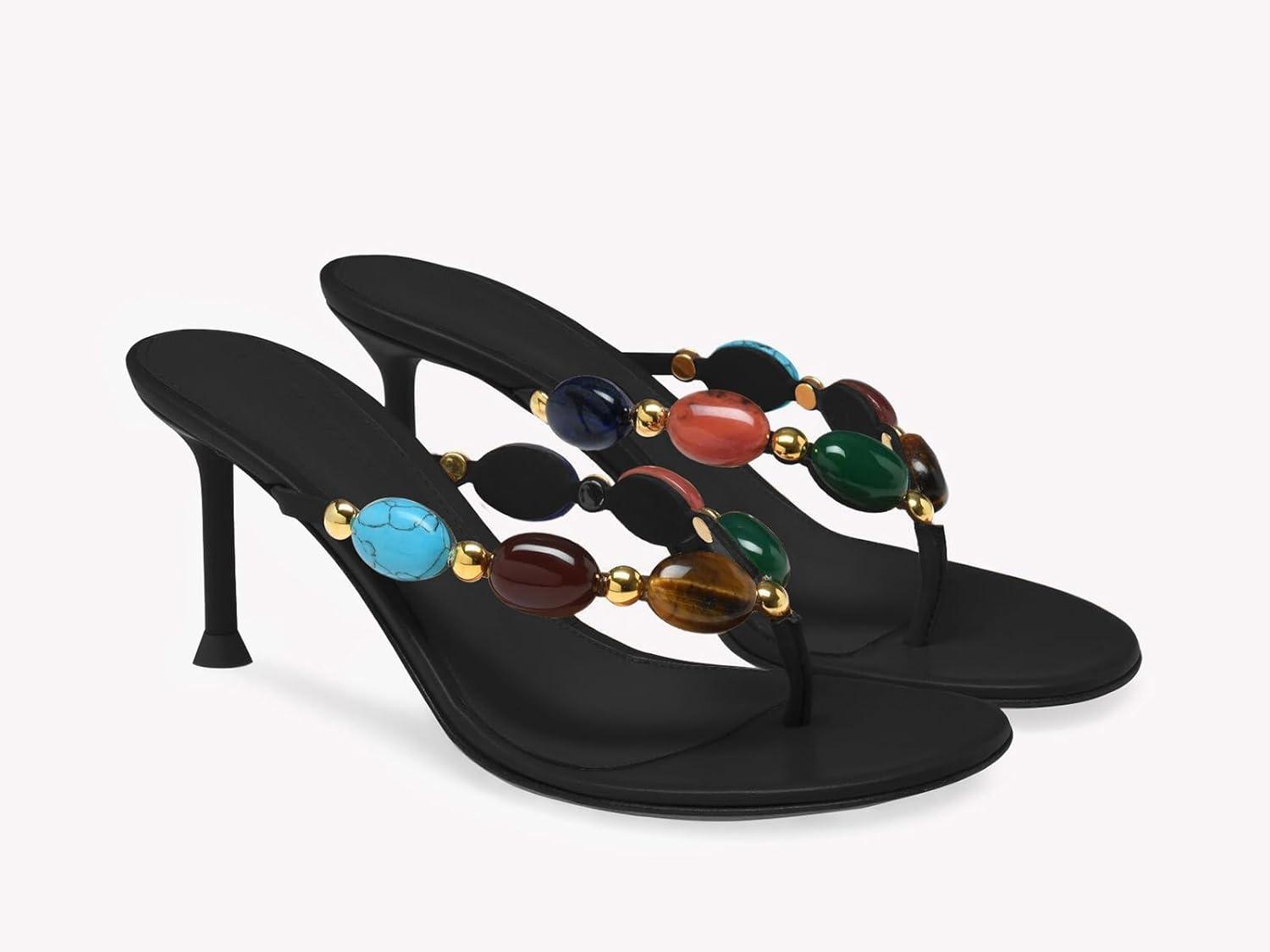 image:imageCoutgo Womens Kitten Heels Jeweled Thong Sandals Boho Open Toe Flip Flop Slip On Slides Summer Vacation Beach ShoesBlack