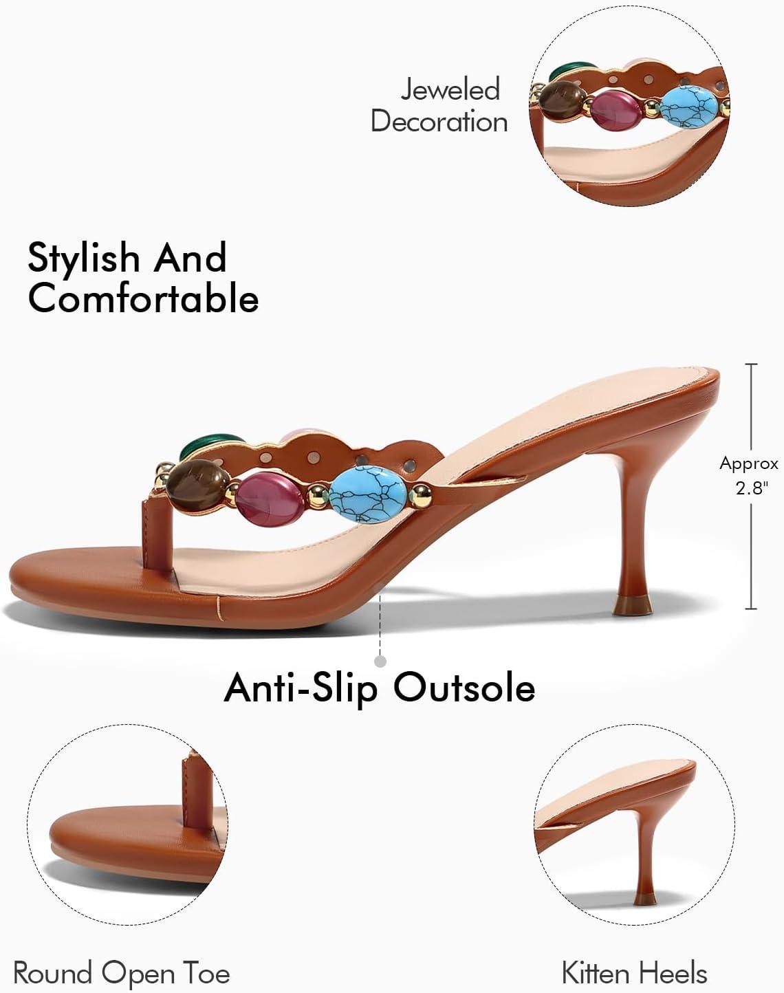 image:imageCoutgo Womens Kitten Heels Jeweled Thong Sandals Boho Open Toe Flip Flop Slip On Slides Summer Vacation Beach ShoesDark Brown
