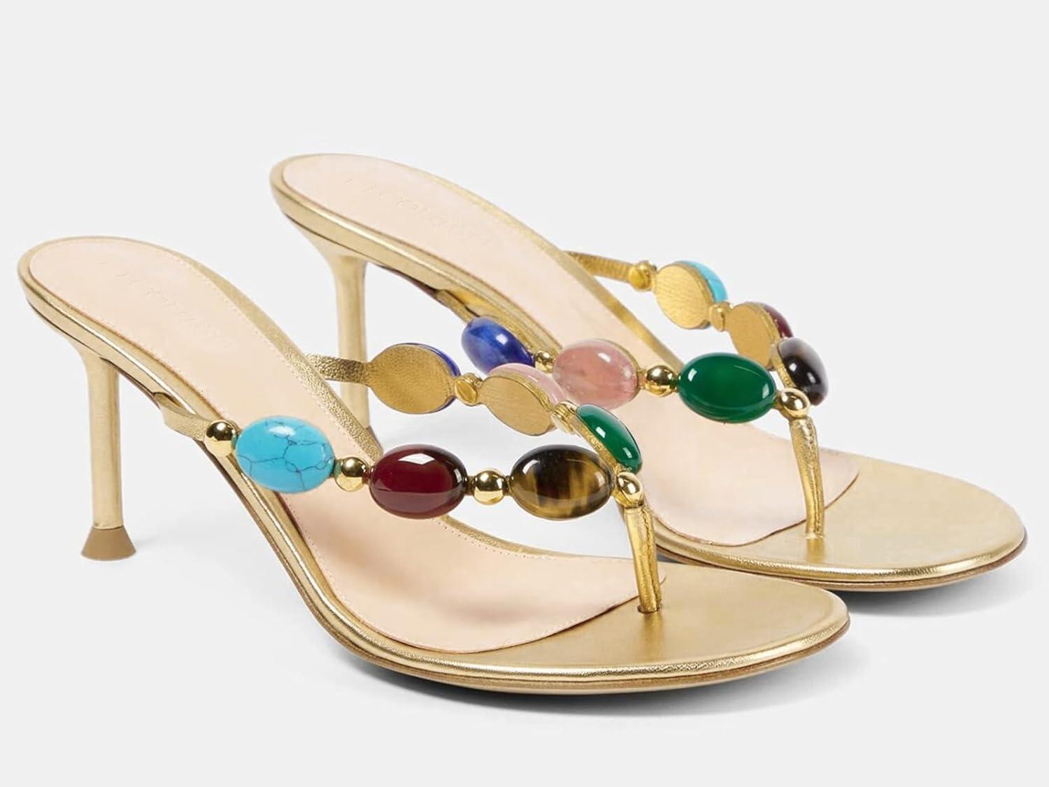 image:imageCoutgo Womens Kitten Heels Jeweled Thong Sandals Boho Open Toe Flip Flop Slip On Slides Summer Vacation Beach ShoesGold