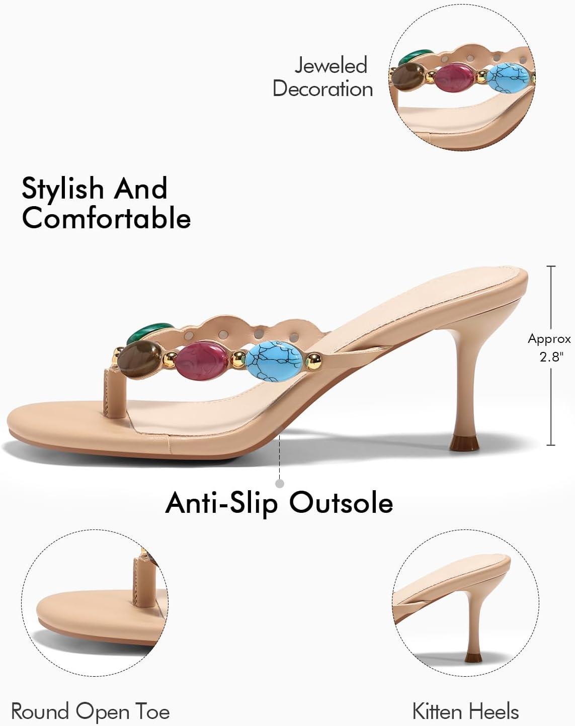 image:imageCoutgo Womens Kitten Heels Jeweled Thong Sandals Boho Open Toe Flip Flop Slip On Slides Summer Vacation Beach ShoesKhaki