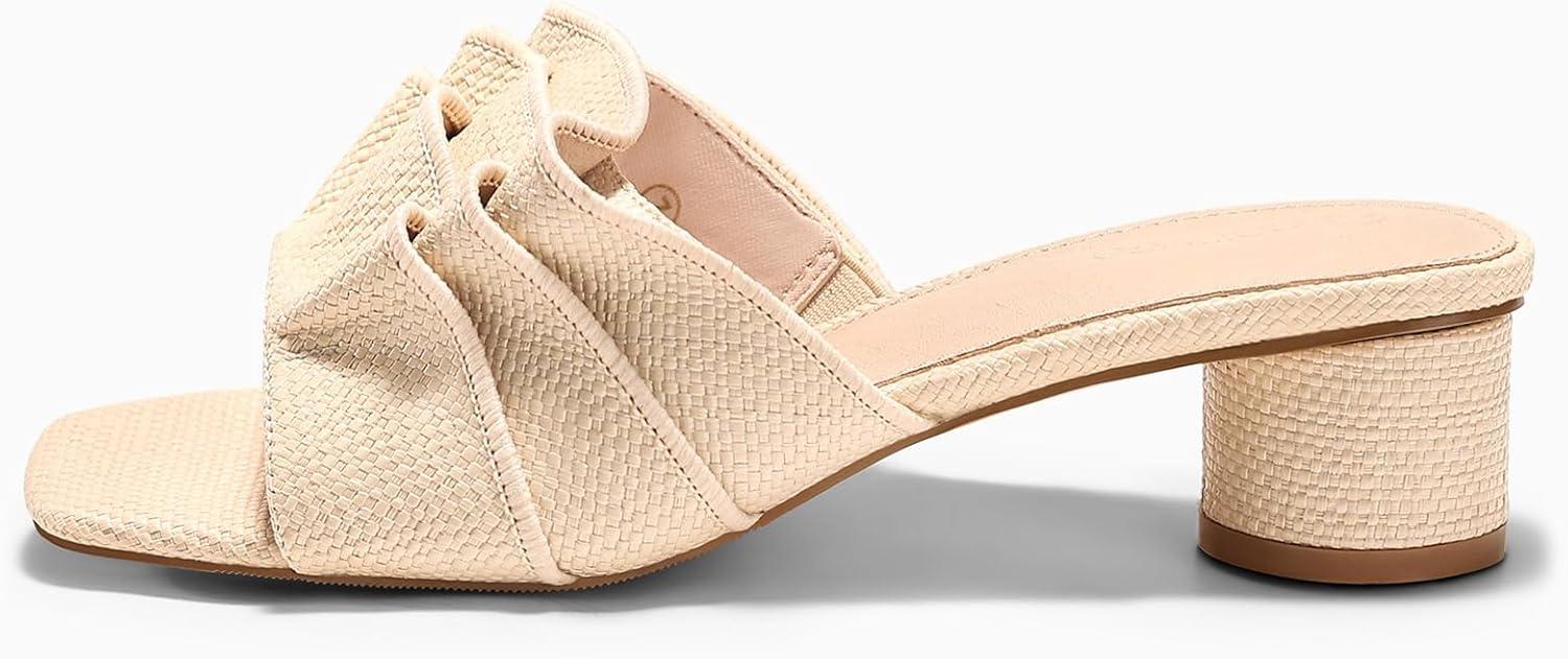 image:imageCoutgo Womens Raffia Chunky Low Heels Sandals Square Open Toe Mules Ruffle Slip On Summer Dress ShoesRaffia Beige