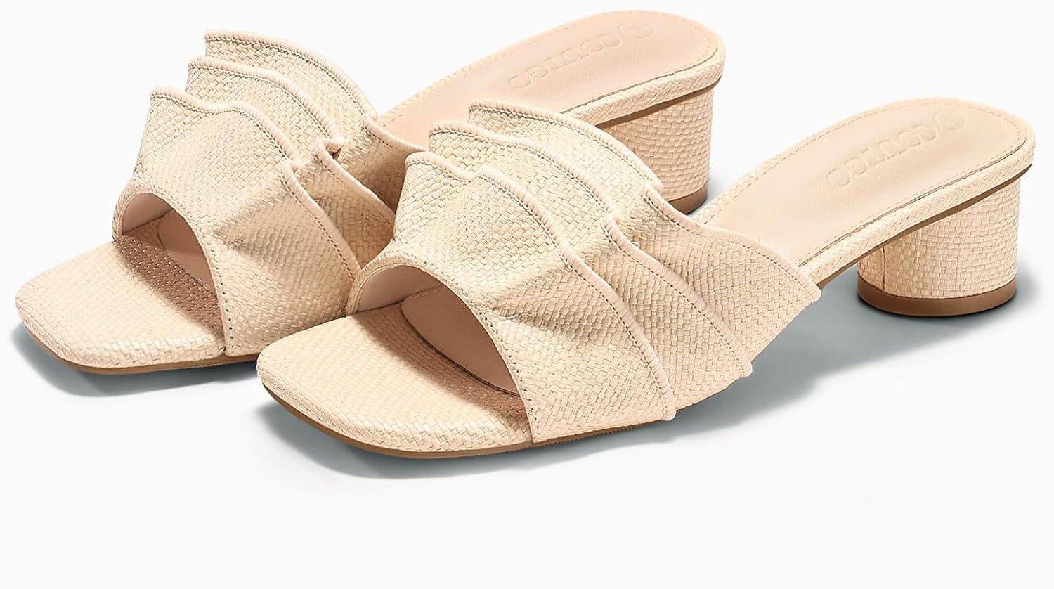 image:imageCoutgo Womens Raffia Chunky Low Heels Sandals Square Open Toe Mules Ruffle Slip On Summer Dress ShoesRaffia Beige