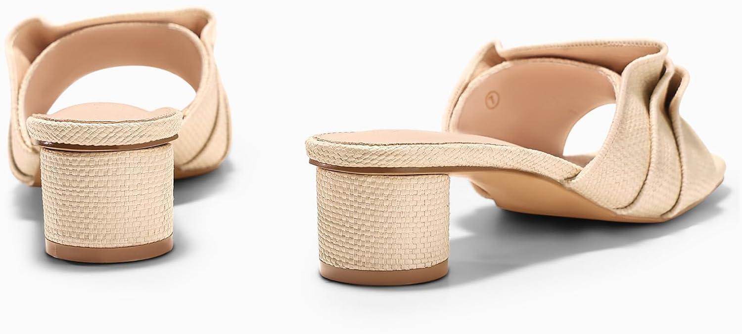 image:imageCoutgo Womens Raffia Chunky Low Heels Sandals Square Open Toe Mules Ruffle Slip On Summer Dress ShoesRaffia Beige