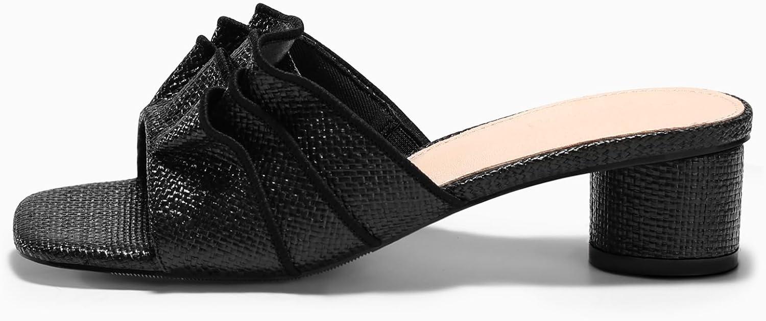 image:imageCoutgo Womens Raffia Chunky Low Heels Sandals Square Open Toe Mules Ruffle Slip On Summer Dress ShoesRaffia Black