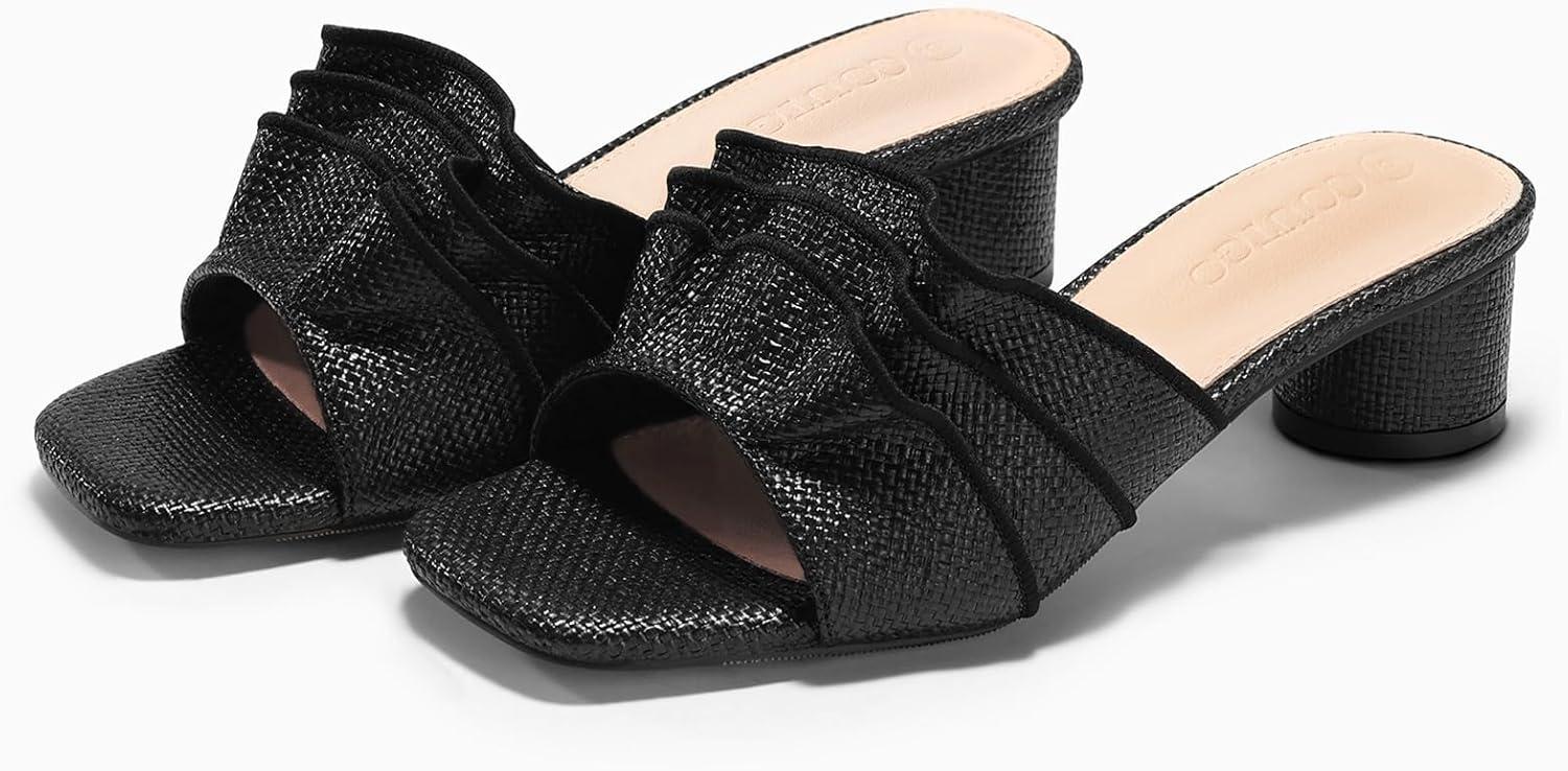 image:imageCoutgo Womens Raffia Chunky Low Heels Sandals Square Open Toe Mules Ruffle Slip On Summer Dress ShoesRaffia Black