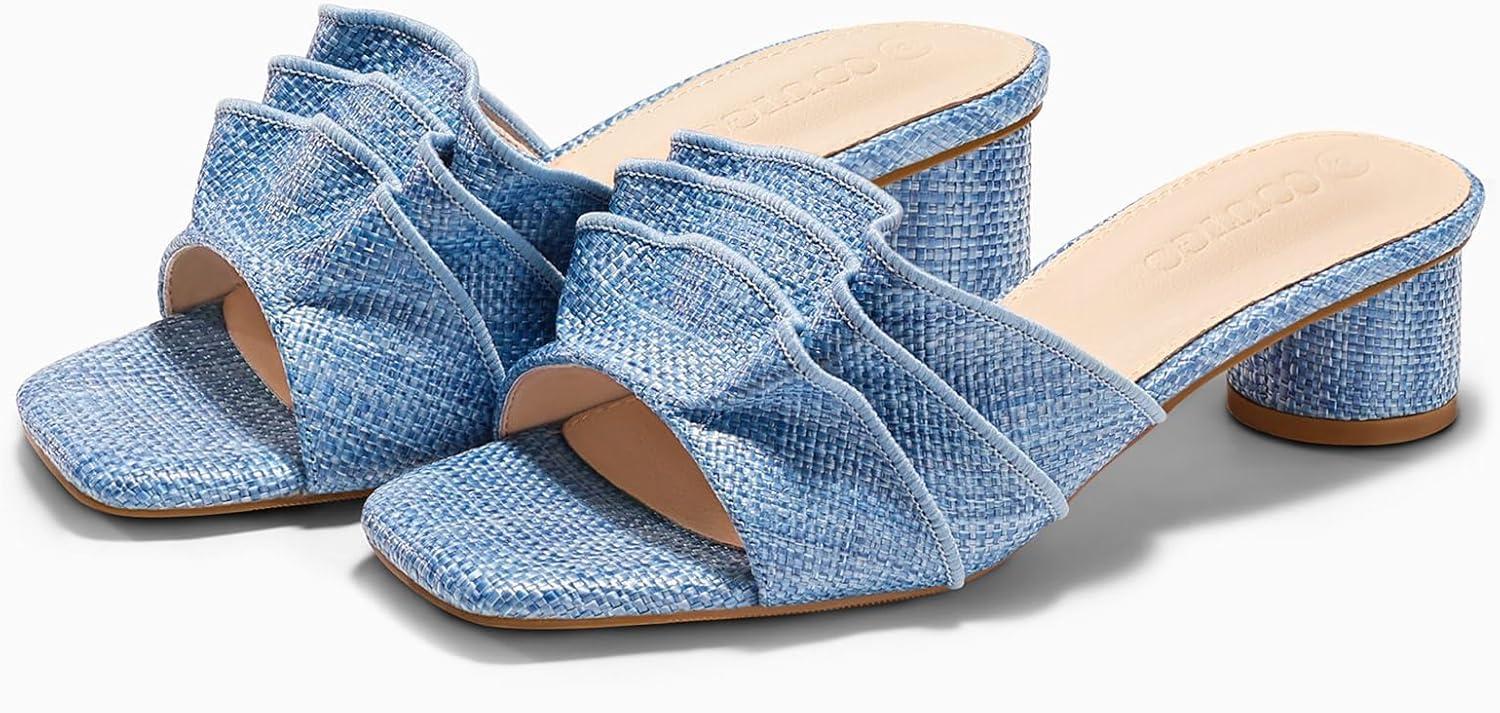 image:imageCoutgo Womens Raffia Chunky Low Heels Sandals Square Open Toe Mules Ruffle Slip On Summer Dress ShoesRaffia Blue