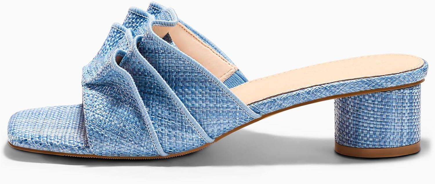 image:imageCoutgo Womens Raffia Chunky Low Heels Sandals Square Open Toe Mules Ruffle Slip On Summer Dress ShoesRaffia Blue
