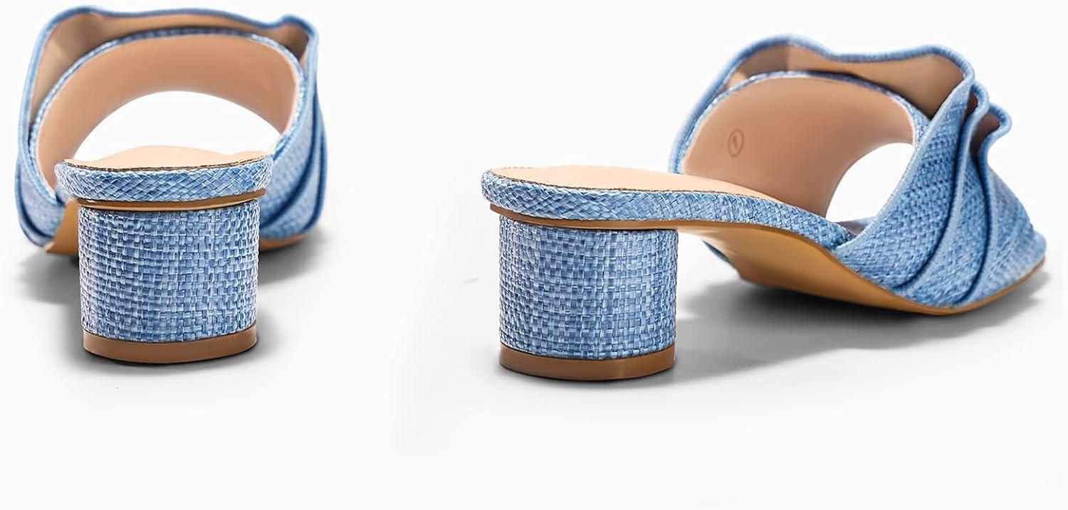 image:imageCoutgo Womens Raffia Chunky Low Heels Sandals Square Open Toe Mules Ruffle Slip On Summer Dress ShoesRaffia Blue