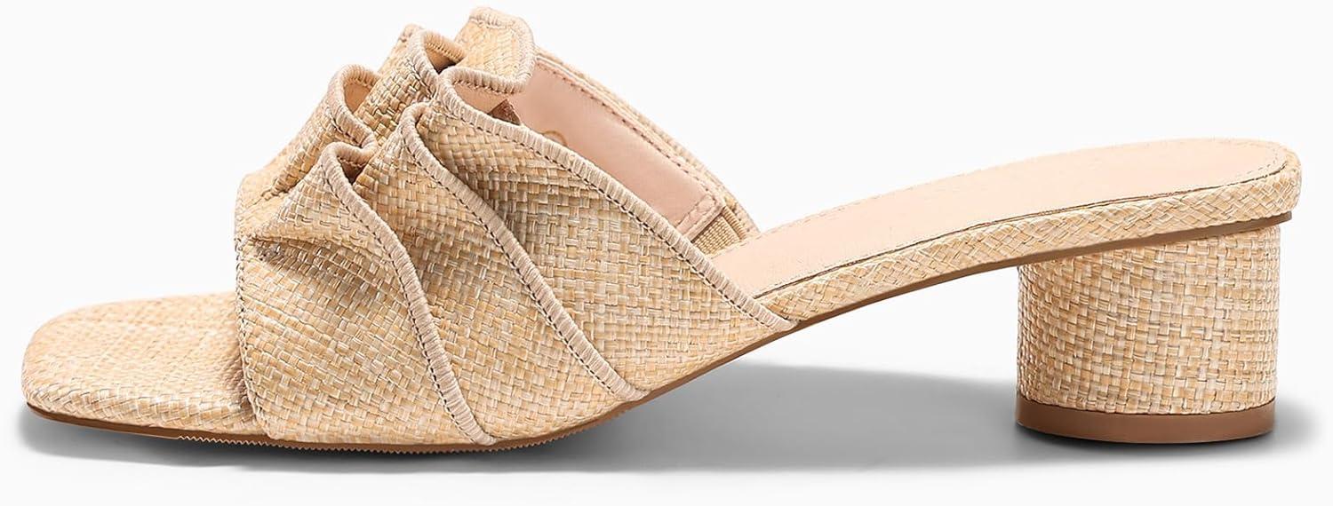 image:imageCoutgo Womens Raffia Chunky Low Heels Sandals Square Open Toe Mules Ruffle Slip On Summer Dress ShoesRaffia Khaki