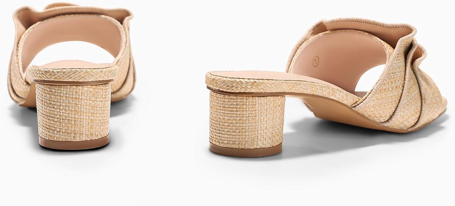 image:imageCoutgo Womens Raffia Chunky Low Heels Sandals Square Open Toe Mules Ruffle Slip On Summer Dress ShoesRaffia Khaki