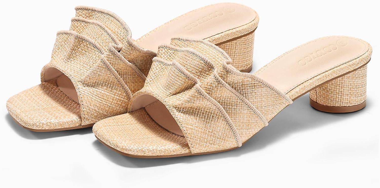 image:imageCoutgo Womens Raffia Chunky Low Heels Sandals Square Open Toe Mules Ruffle Slip On Summer Dress ShoesRaffia Khaki