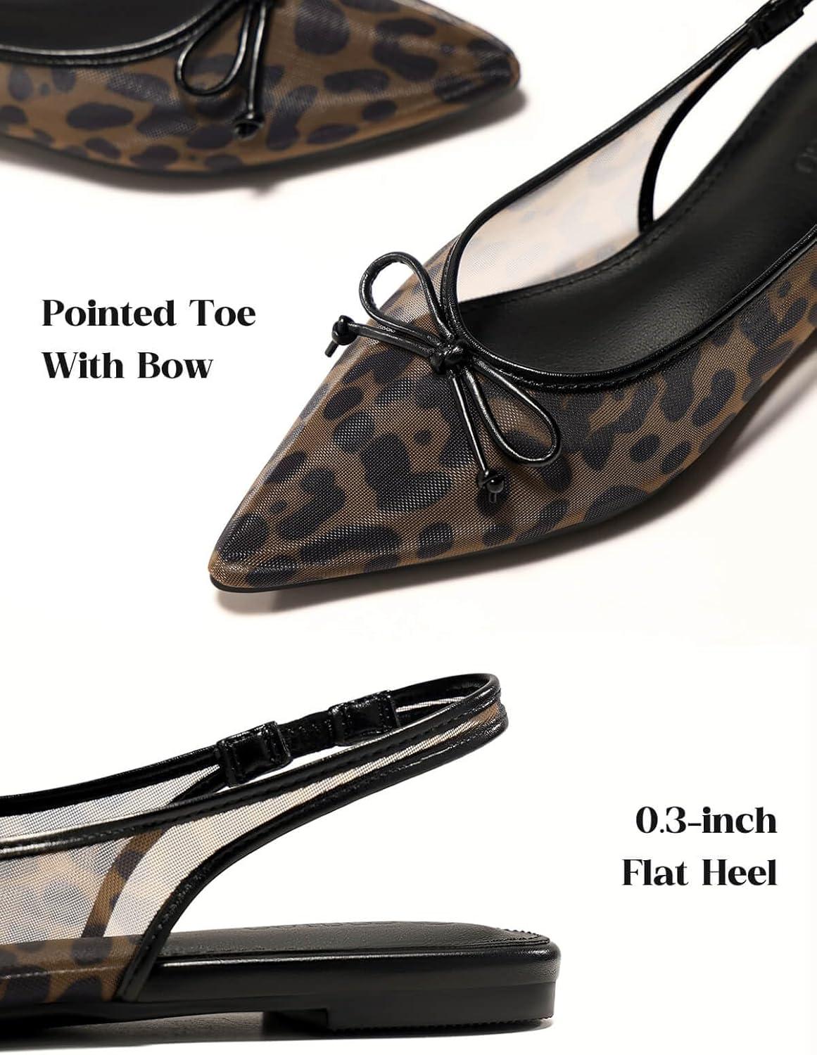 image:imageCoutgo Womens Slingback Flats Bow Closed Pointed Toe Mesh Ballet Flats Low Heel Sandals Dress ShoesLeopard