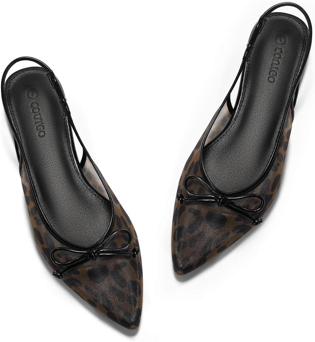 image:imageCoutgo Womens Slingback Flats Bow Closed Pointed Toe Mesh Ballet Flats Low Heel Sandals Dress ShoesLeopard