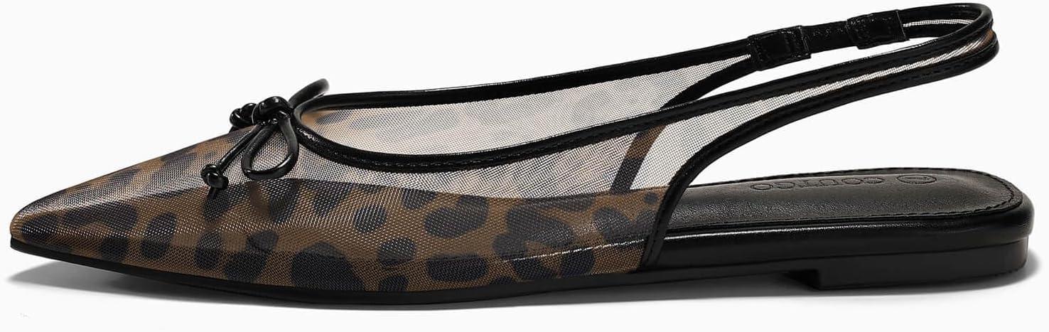 image:imageCoutgo Womens Slingback Flats Bow Closed Pointed Toe Mesh Ballet Flats Low Heel Sandals Dress ShoesLeopard