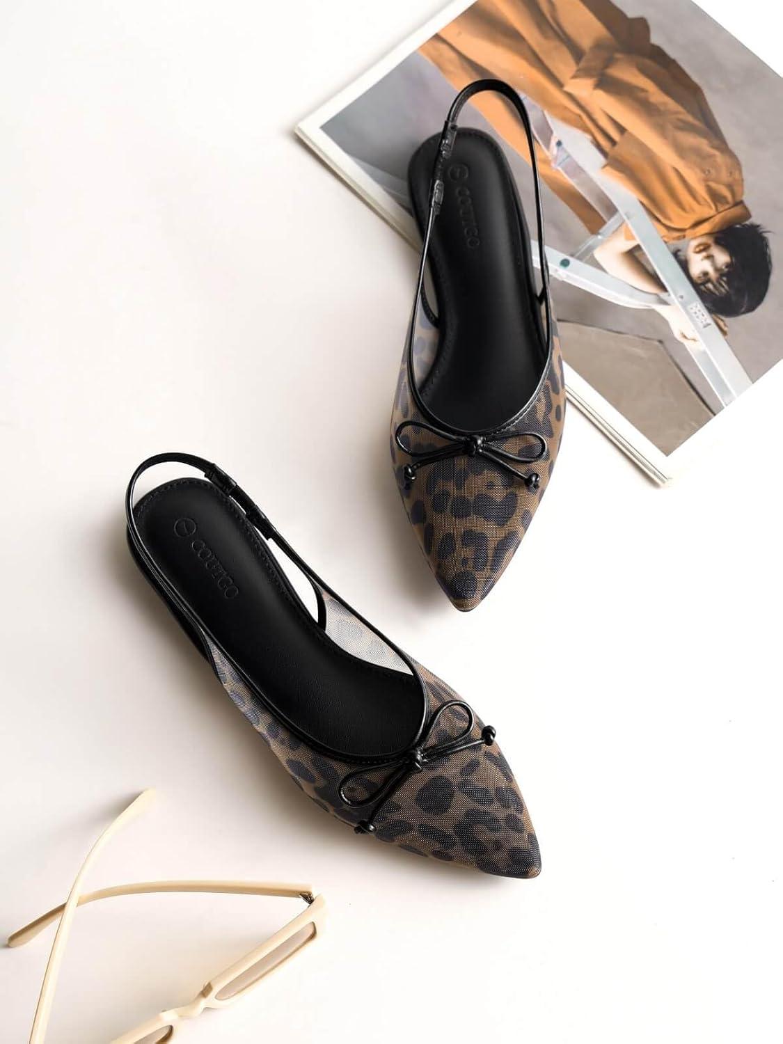 image:imageCoutgo Womens Slingback Flats Bow Closed Pointed Toe Mesh Ballet Flats Low Heel Sandals Dress ShoesLeopard