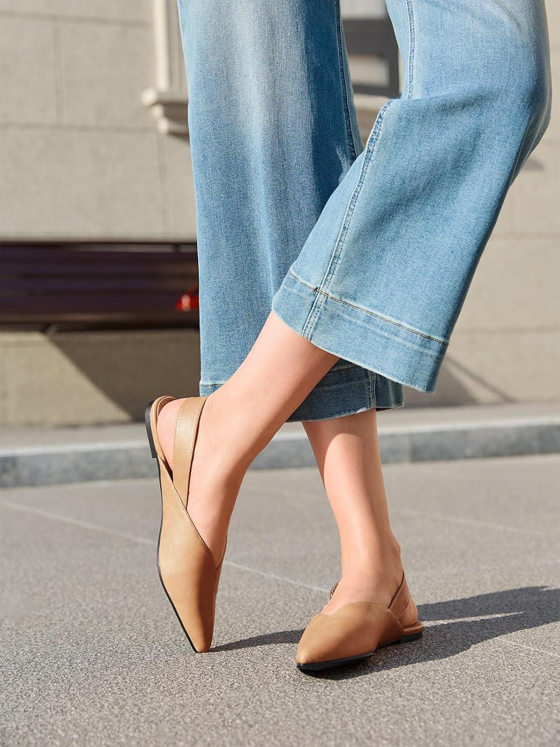 image:imageCoutgo Womens Slingback Flats Closed Pointed Toe Slip On Flat Sandals Work Office Dress ShoesKhaki