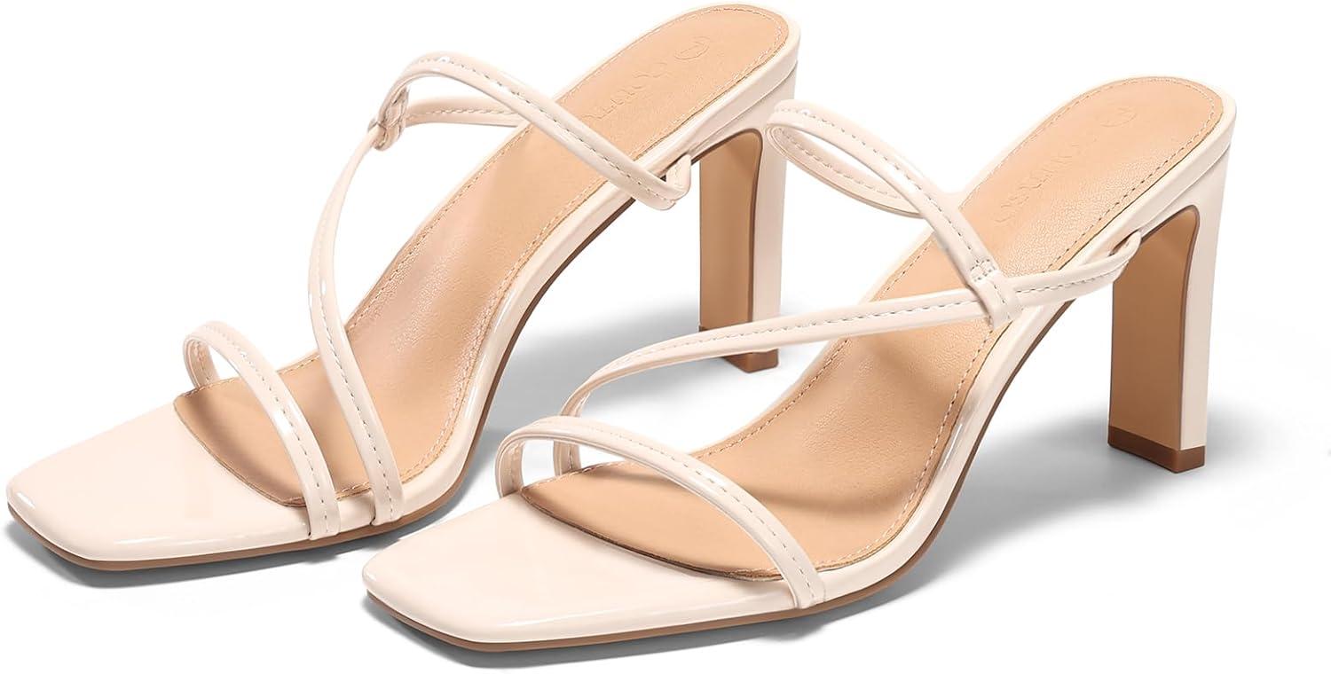 image:imageCoutgo Womens Strappy Chunky Heels Sandals Square Open Toe Slide Sandals Slip On Summer Dress ShoesBeige