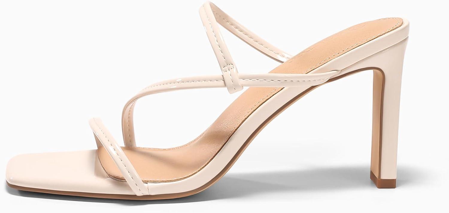 image:imageCoutgo Womens Strappy Chunky Heels Sandals Square Open Toe Slide Sandals Slip On Summer Dress ShoesBeige