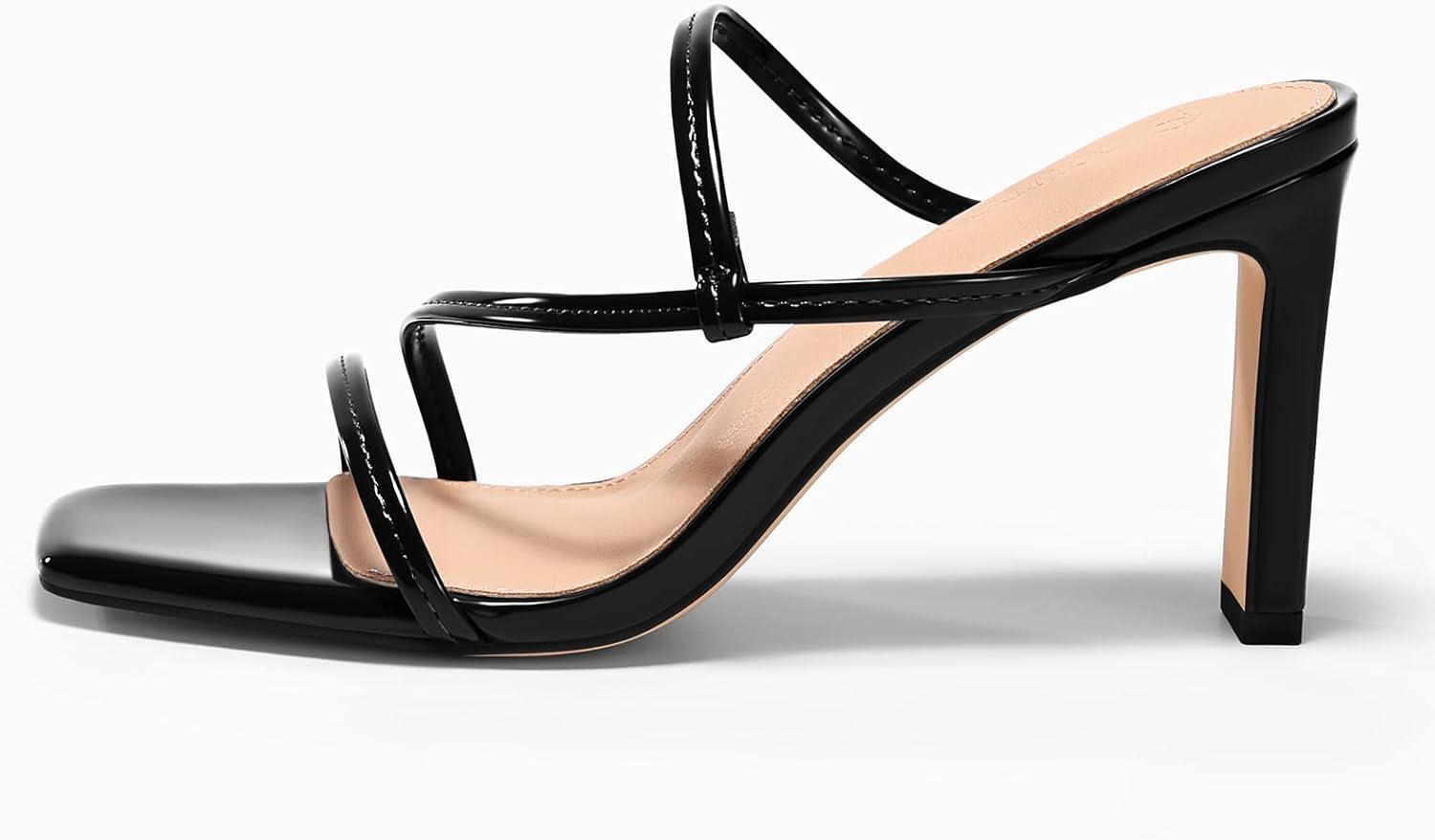 image:imageCoutgo Womens Strappy Chunky Heels Sandals Square Open Toe Slide Sandals Slip On Summer Dress ShoesBlack