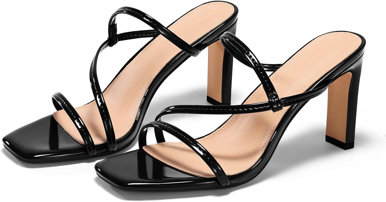 image:imageCoutgo Womens Strappy Chunky Heels Sandals Square Open Toe Slide Sandals Slip On Summer Dress ShoesBlack
