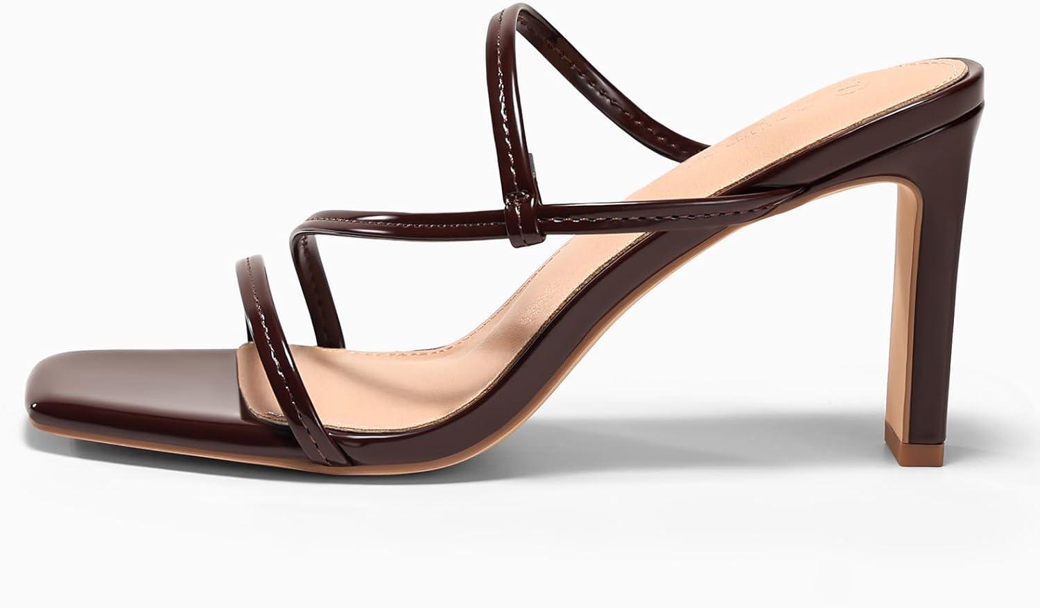 image:imageCoutgo Womens Strappy Chunky Heels Sandals Square Open Toe Slide Sandals Slip On Summer Dress ShoesDark Brown