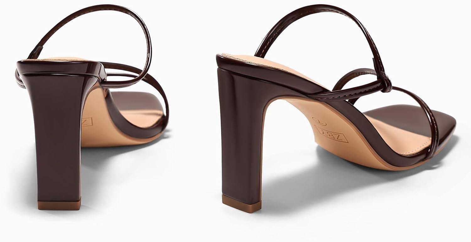 image:imageCoutgo Womens Strappy Chunky Heels Sandals Square Open Toe Slide Sandals Slip On Summer Dress ShoesDark Brown