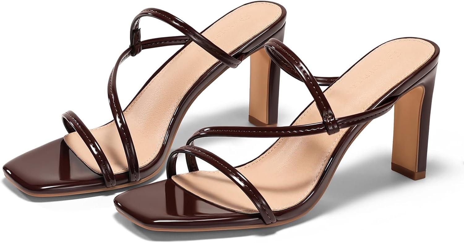 image:imageCoutgo Womens Strappy Chunky Heels Sandals Square Open Toe Slide Sandals Slip On Summer Dress ShoesDark Brown