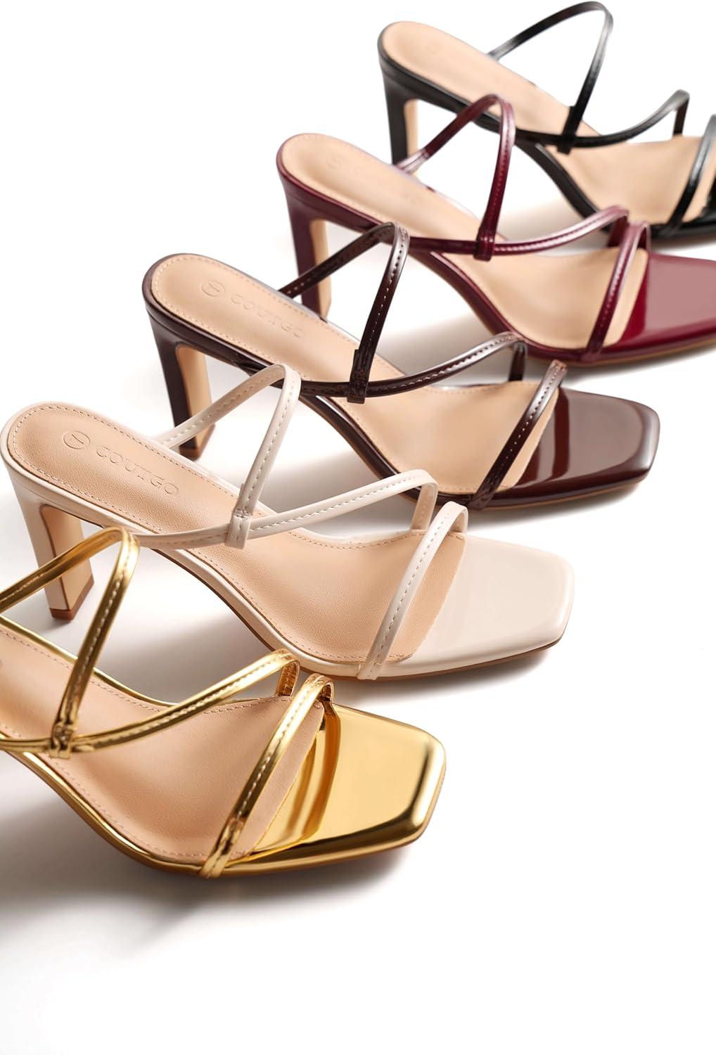 image:imageCoutgo Womens Strappy Chunky Heels Sandals Square Open Toe Slide Sandals Slip On Summer Dress ShoesGold
