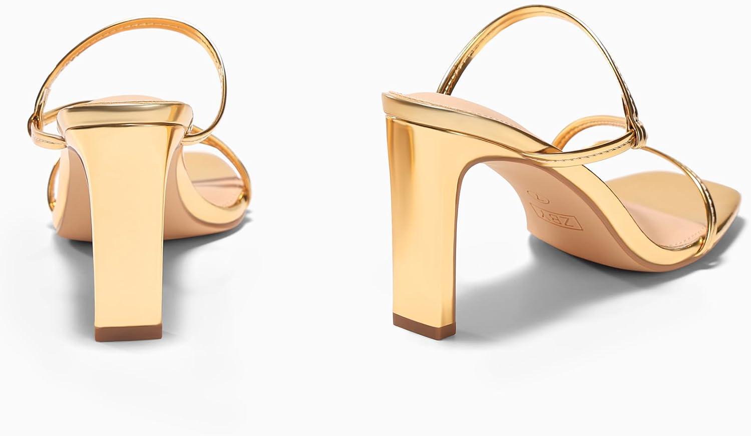 image:imageCoutgo Womens Strappy Chunky Heels Sandals Square Open Toe Slide Sandals Slip On Summer Dress ShoesGold
