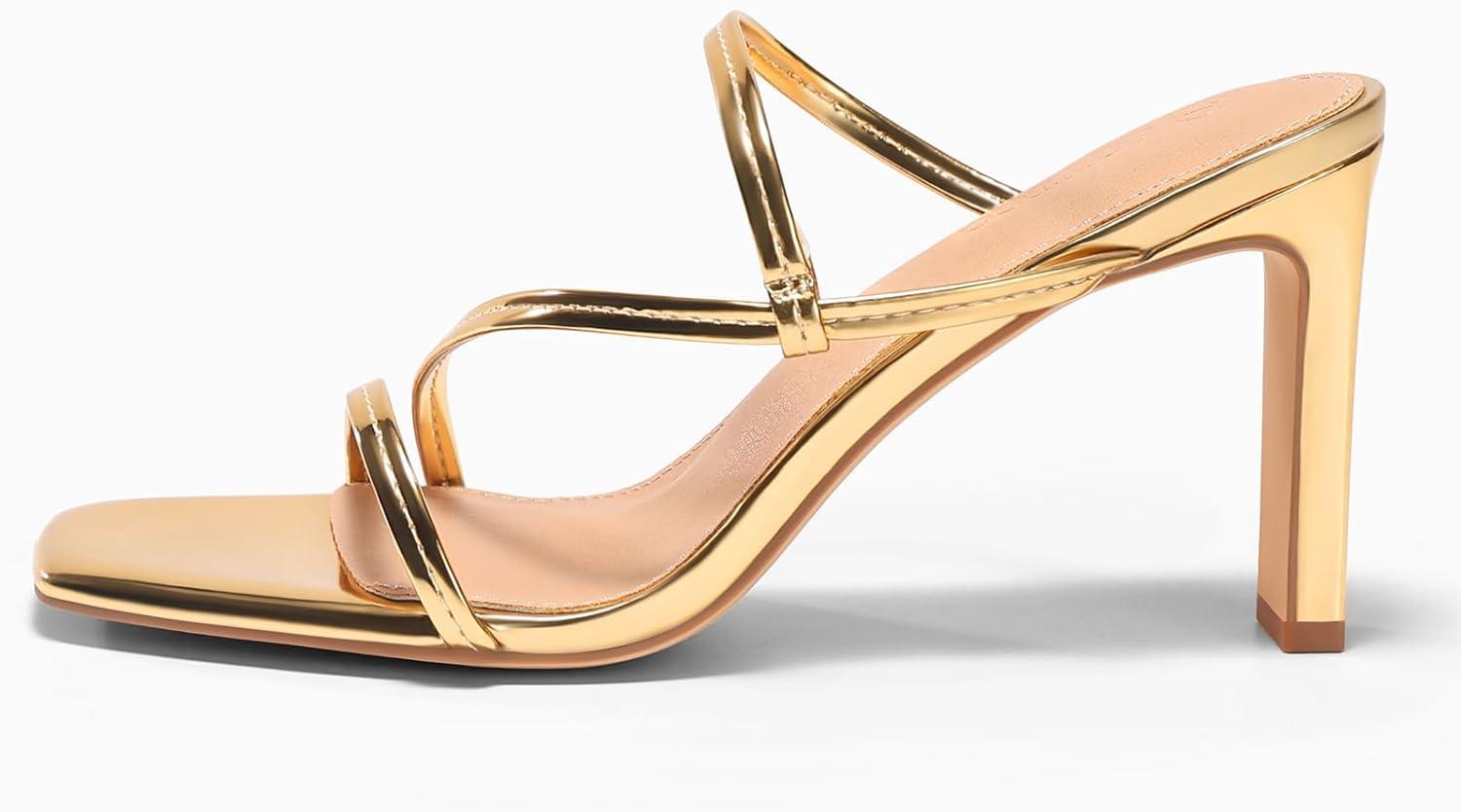 image:imageCoutgo Womens Strappy Chunky Heels Sandals Square Open Toe Slide Sandals Slip On Summer Dress ShoesGold