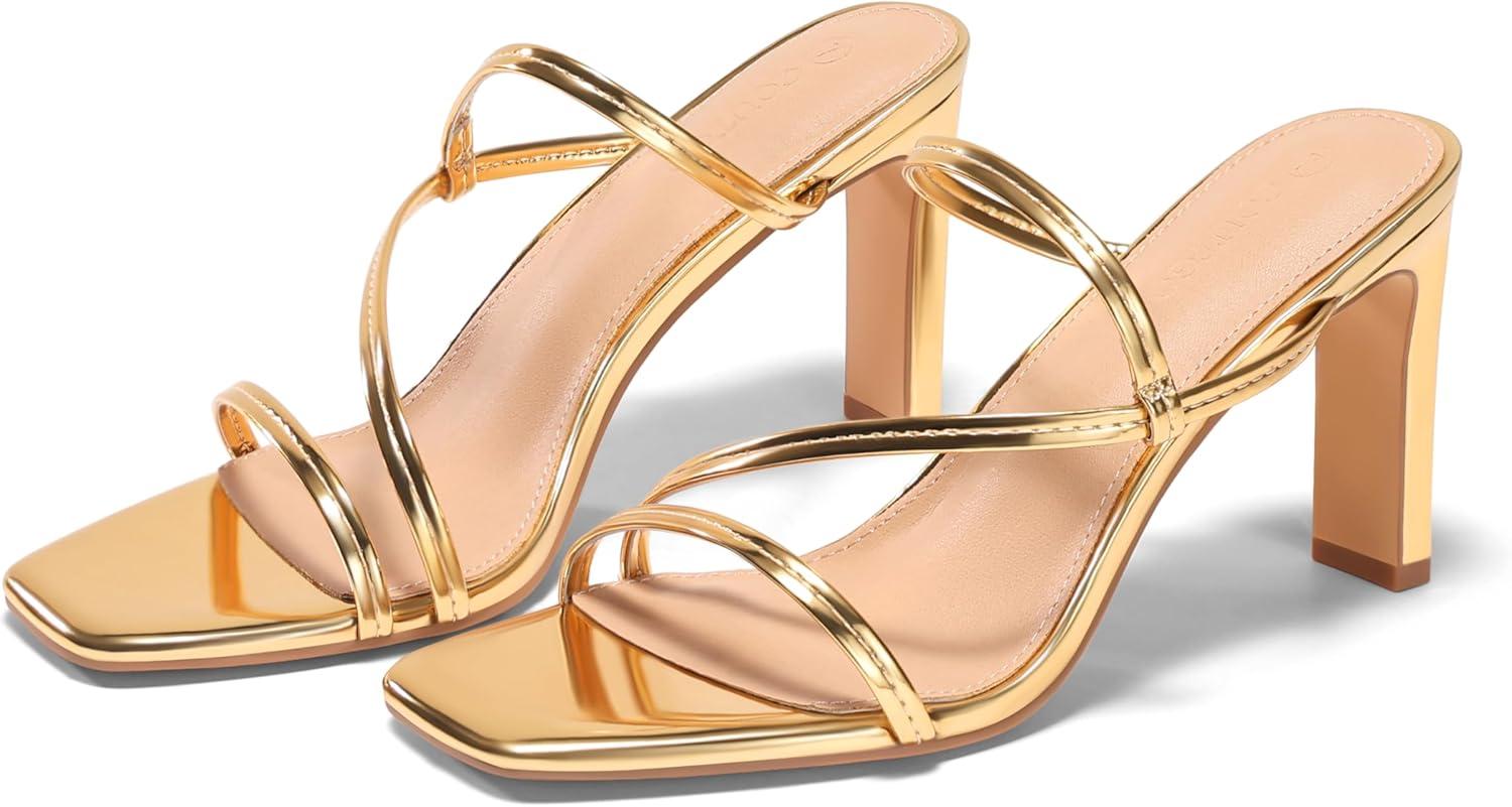 image:imageCoutgo Womens Strappy Chunky Heels Sandals Square Open Toe Slide Sandals Slip On Summer Dress ShoesGold
