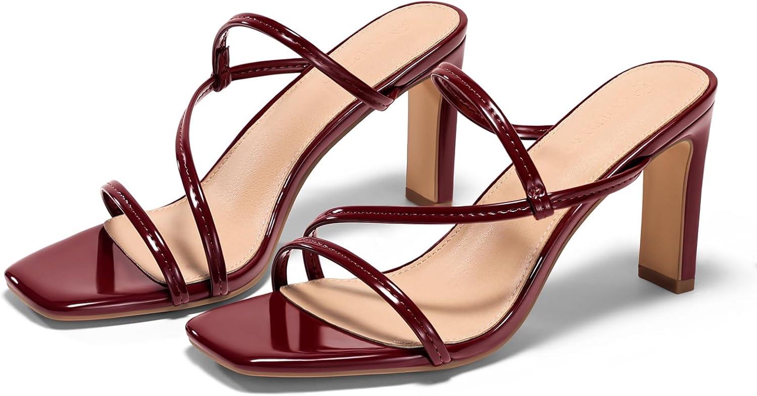 image:imageCoutgo Womens Strappy Chunky Heels Sandals Square Open Toe Slide Sandals Slip On Summer Dress ShoesWine Red