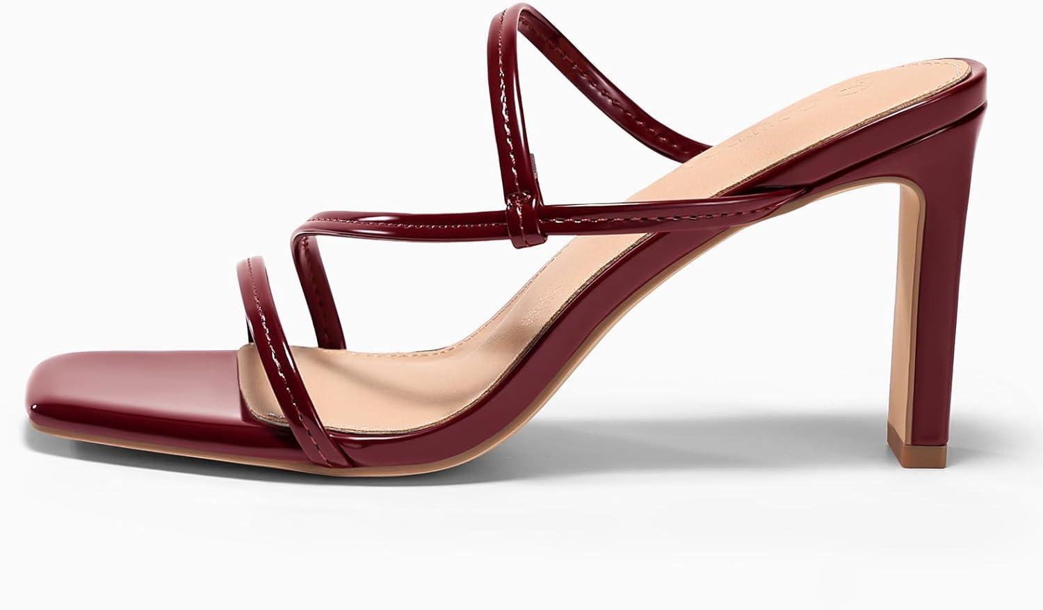 image:imageCoutgo Womens Strappy Chunky Heels Sandals Square Open Toe Slide Sandals Slip On Summer Dress ShoesWine Red