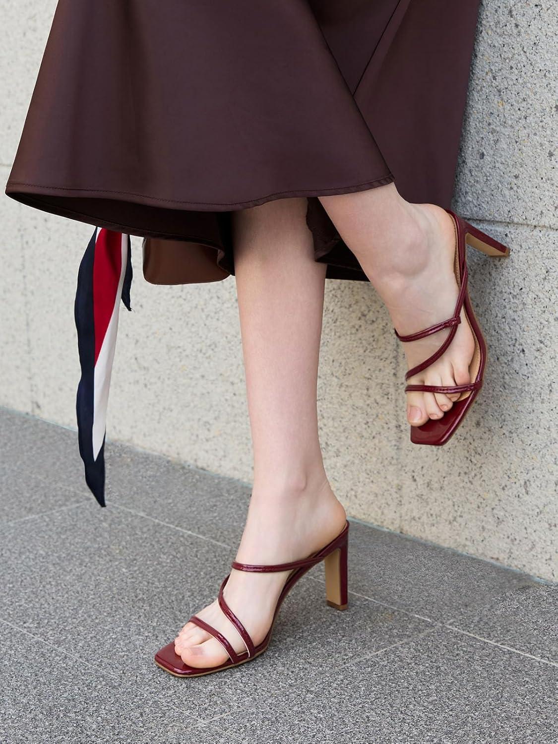 image:imageCoutgo Womens Strappy Chunky Heels Sandals Square Open Toe Slide Sandals Slip On Summer Dress ShoesWine Red